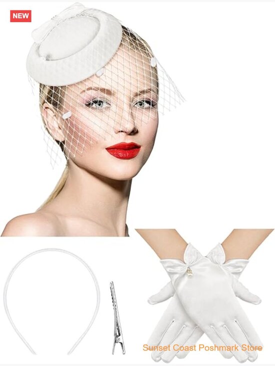 Fascinator Hat with Lace Gloves for Women Funeral Tea Party Headpiece main image 6